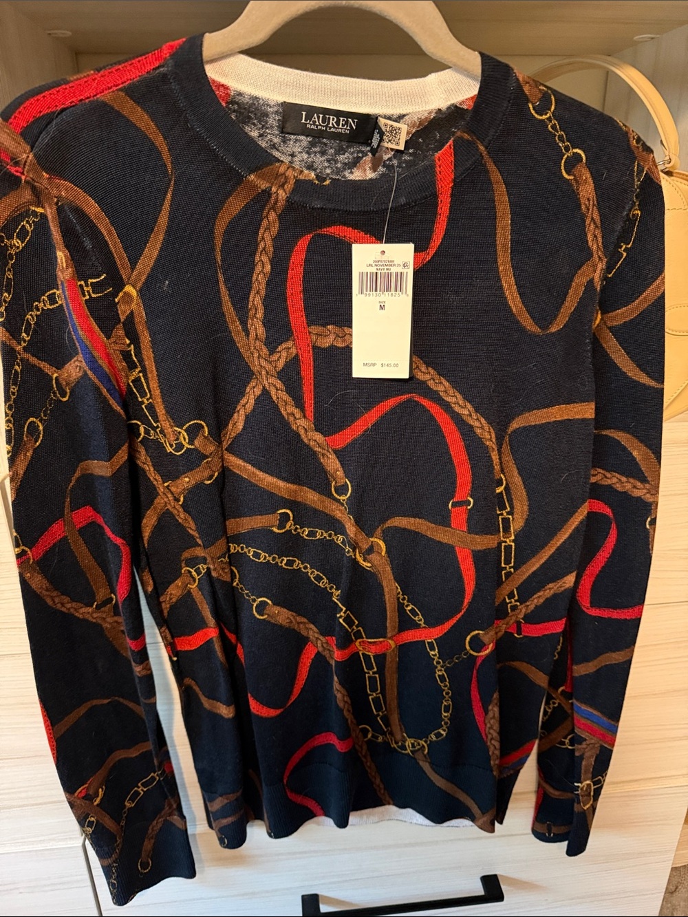 Lauren Ralph Lauren Navy Crewneck Sweater with Chain & Rope Print